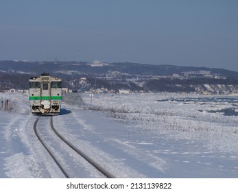 Train And Drift Ice In Winter Hokkaido