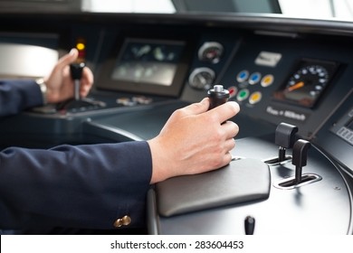 Train Driver. Railroad Engineer At The Workplace.