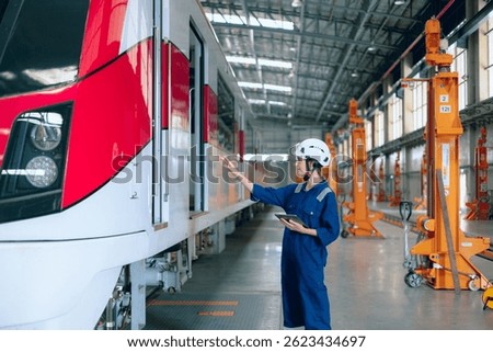 Train engineer working, Train mechanic check inspecting railway track and engine at Train station depot, Advance transport engineering