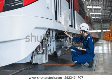 Train engineer working, Train mechanic check inspecting railway track and engine at Train station depot, Advance transport engineering