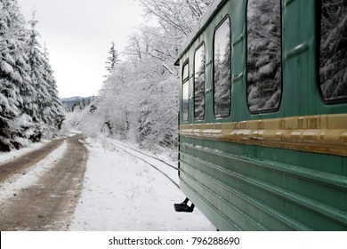 A Train Going Among Gorgeous White Winter Forest Like Polar Express, Winter Travelling, Outdoor