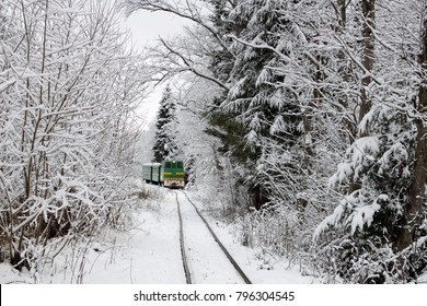 A Train Going Among Gorgeous White Winter Forest Like Polar Express, Winter Travelling, Outdoor