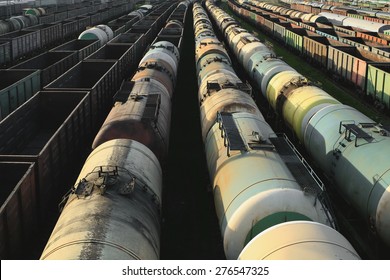 Train, Industrial Cargo Train At The Unloading Station