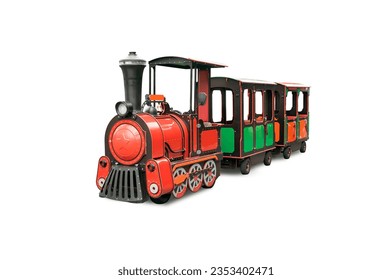 Train for kids isolated, toy train in amusement park for children, small wagons on white background - Powered by Shutterstock