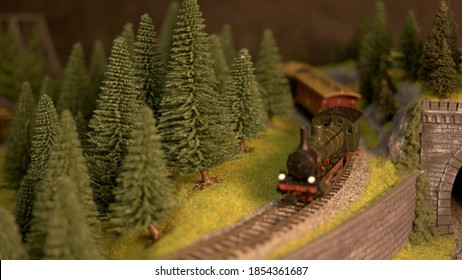 Train Locomotive Model. Railway In A Village Rural Setting.