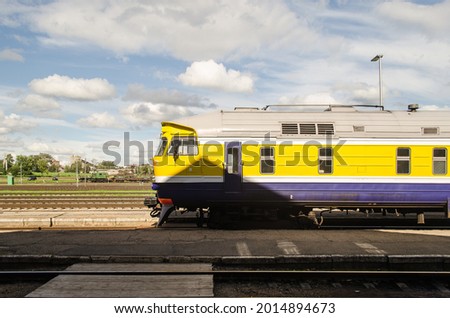 The train locomotive is parked at the railway station, Daugavpils, Latvia.