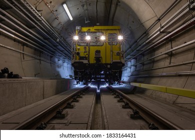 Train Measuring Platform Standing On Rails Ready To Work. Railway Line Maintenance Vehicle During Working In A Subway Tunnel. Warsaw, Poland – October 2019