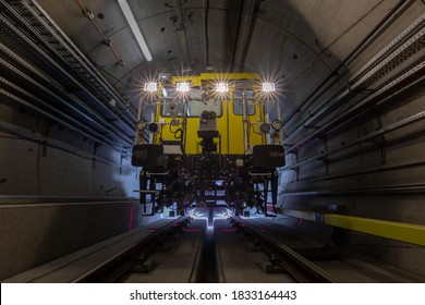 Train Measuring Platform Standing On Rails Ready To Work. Railway Line Maintenance Vehicle During Working In A Subway Tunnel. Warsaw, Poland – October 2019