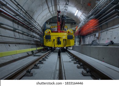 Train Measuring Platform Standing On Rails Ready To Work. Railway Line Maintenance Vehicle During Working In A Subway Tunnel. Warsaw, Poland – October 2019