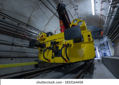 Train Measuring Platform Standing On Rails Ready To Work. Railway Line Maintenance Vehicle During Working In A Subway Tunnel. Warsaw, Poland – October 2019