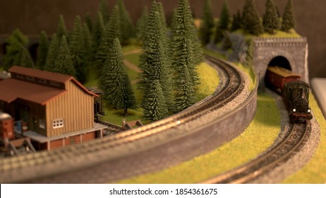 Train Model In A Countryside. Rural Setting Railway Village. Blur