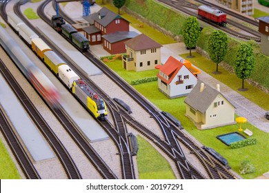 Train Models And Railroad Tracks With Scenery.