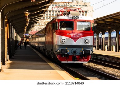 Train in motion or at train platform at Bucharest North Railway Station (Gara de Nord Bucharest) in Bucharest, Romania, 2022