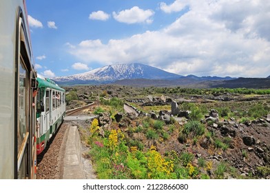 Train moves around Etna volcano  Sicily  Italy 