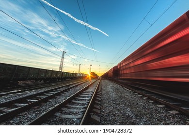 Train moves by rail, delivery of goods by freight train. Train carriages at the station