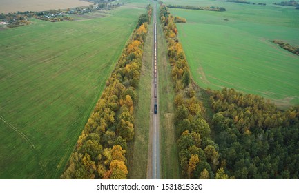 Train Moving In Railway Above Drone View. Rail Road Cargo Theme