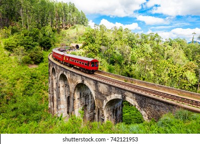 Train on the Nine Arches Demodara Bridge or the Bridge in the sky. Nine Arches Bridge is located in Demodara near Ella city, Sri Lanka.
