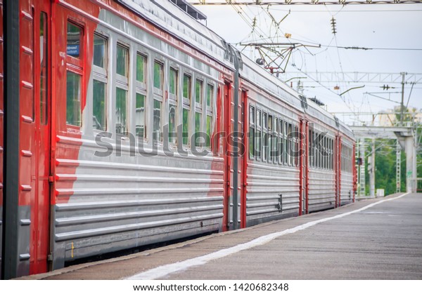 The\
train on the platform. Russian train. Public transport. Railway.\
Russia, St. Petersburg May 31, 2019 platform\
Lanskaya