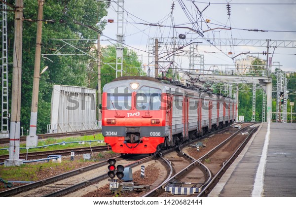 The\
train on the platform. Russian train. Public transport. Railway.\
Russia, St. Petersburg May 31, 2019 platform\
Lanskaya