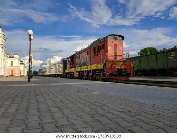 The train on the platform.\
Russian train. Public transport.\
Railway.Russia-10.06.2020.
