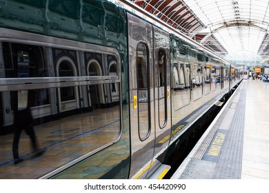 train at Paddington station in London, UK