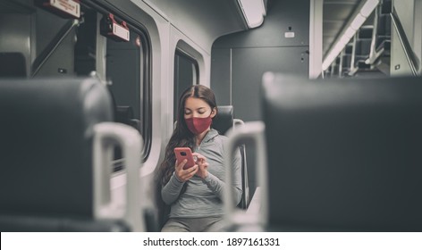 Train Passenger Using Mobile Phone During Travel Commute Wearing Face Mask For Coronavirus Pandemic. Panoramic Banner Of People Lifestyle Commuting After Work At Night.