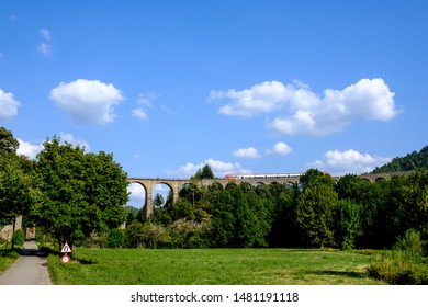 Train Passing On The Chamborigaud Viaduct In The Cévennes, France