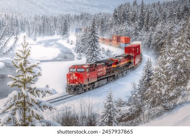 
Train is passing through "Morant's Curve", near Lake Louise in Canada during winter time. It is a famous viewpoint and popular photographer location. - Powered by Shutterstock