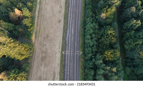 Train Railroad Tracs Next To A Forest And Field. Top Aerial View Of German Train System Near Munich