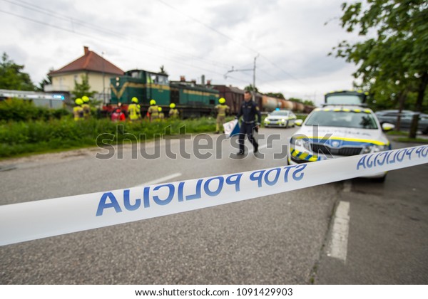 Train ran over a pedestrian, firemen and rescue on the\
site. Death on a grade crossing with train, danger being hit by a\
train. Collision of person with a train, with police and emergency\
standing by