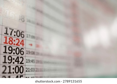 Train schedule timetable. Close-up. Red time display. With copy space