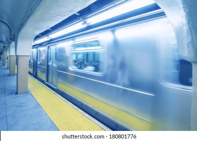 Train Speeding Up In New York City Subway Station. Vintage Filter