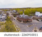 Train Station aerial view on Depot Square at Market Street in spring at town center of Ipswich, Massachusetts MA, USA. 