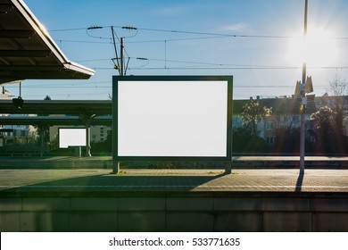 Train Station Billboard Blank White Isolated Clipping Path Outdoors Blue Sky Ad Space Advertisement