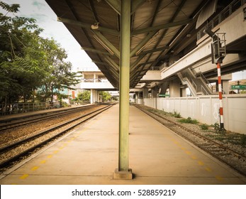 Train station is empty,Empty railway platform copy space