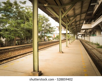 Train station is empty,Empty railway platform copy space