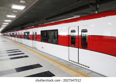 The train is stopping at the platform.