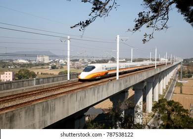 Train Of Taiwan High Speed Rail Drives On Bridge.