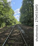 a train track running between trees woth blue skies and clouds 