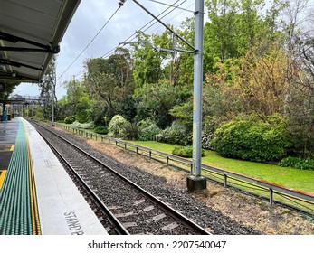 Train Tracks In Australia. Empty Train Station Platform In Australian City Sydney.