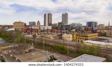 Train tracks flank the buildings of the urban core in Fort Wayne Indiana