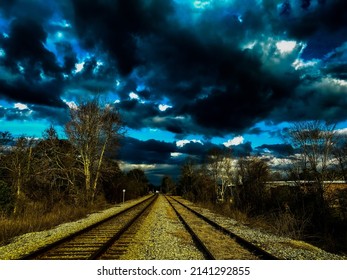 A Train Tracks Night Moon Railroad Moonlight Overcast Storm Evening Industrial Landscape