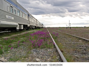 Train And Tracks In A Northern Town, Manitoba