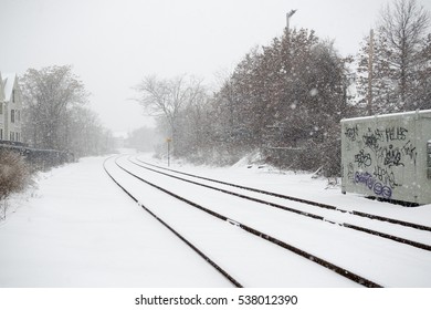 Train Tracks In The Snow. Somerville, Greater Boston Area, USA.