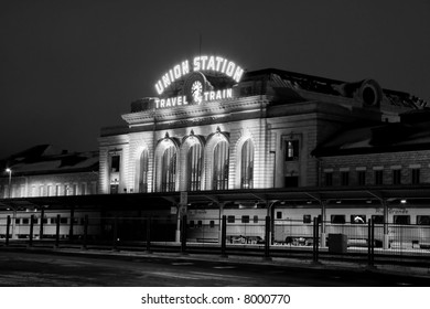 train at union station at night in denver colorado