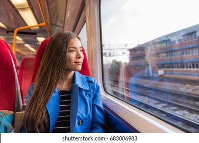 Train Woman Leaving For Work In Morning Commute Commuting To City. Urban Travel Businesswoman Traveling On Rails.