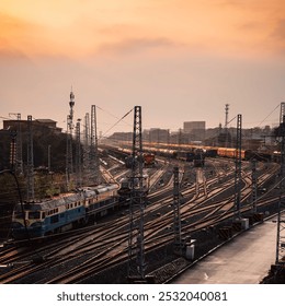 Train yard awash in warm sunset hues, featuring interwoven railway tracks and electric locomotives beneath a softly glowing sky. - Powered by Shutterstock