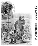 Trained elephant. Engraving by Specht. Published in magazine "Niva", publishing house A.F. Marx, St. Petersburg, Russia, 1893