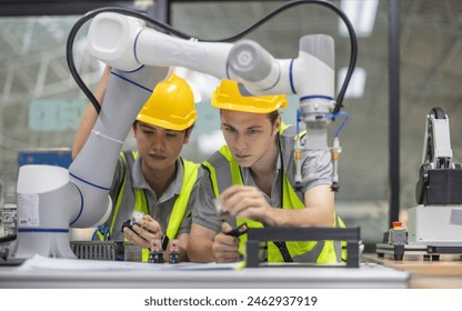 Trainees intensely focus on robot arm, interact with automation programs, analyze robotic components, and practice essential skills as part of manufacturing robotic academy's research and development