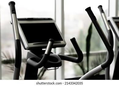 Trainer With Black Screen. Relax And Technology Concept. Sports Exercise And Healthcare Theme. Place For Your Text. Mockup